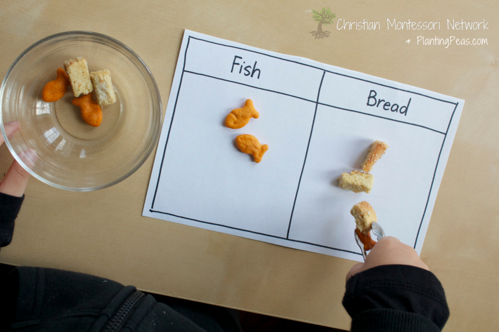 Montessori Inspired Kids Bible Activities - Jesus Feeds 5000 Fish Bread Sorting Activity