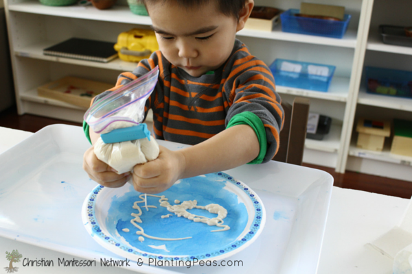 Montessori Inspired Kids Bible Activities - puffy paint (Planting Peas)