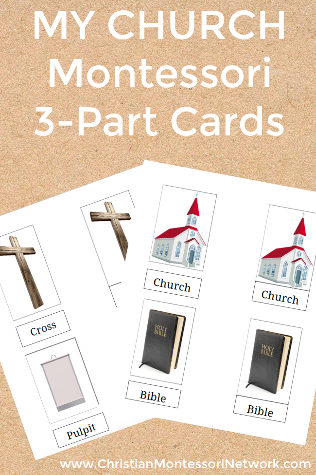 My church Montessori 3-part cards for language development in preschoolers.