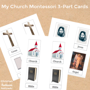 My church Montessori 3-part cards for language development in preschoolers.